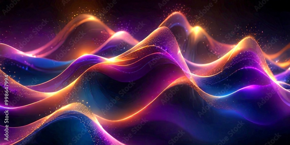 a digital art piece featuring abstract, wave-like patterns in shades of purple, orange, and blue, with a dark background and scattered light effects a digital art piece featuring abstract, wave-like patterns in shades of purple, orange, and blue, with a dark background and scattered light effects