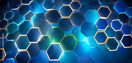 a close-up view pattern of hexagonal shapes in various shades of blue and green, with some areas illuminated by a yellowish glow photo