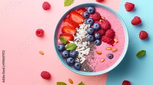 Vibrant vegan smoothie bowl with berries, coconut flakes, and chia seeds on pastel background