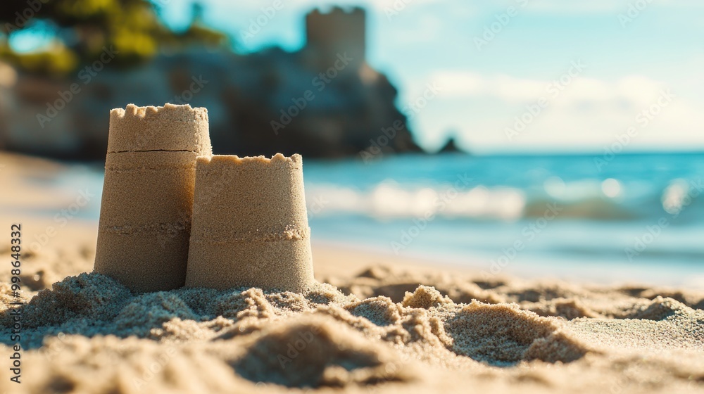 Two small sandcastles on the beach with blurred ocean in the background. Two small sandcastles on the beach with blurred ocean in the background.
