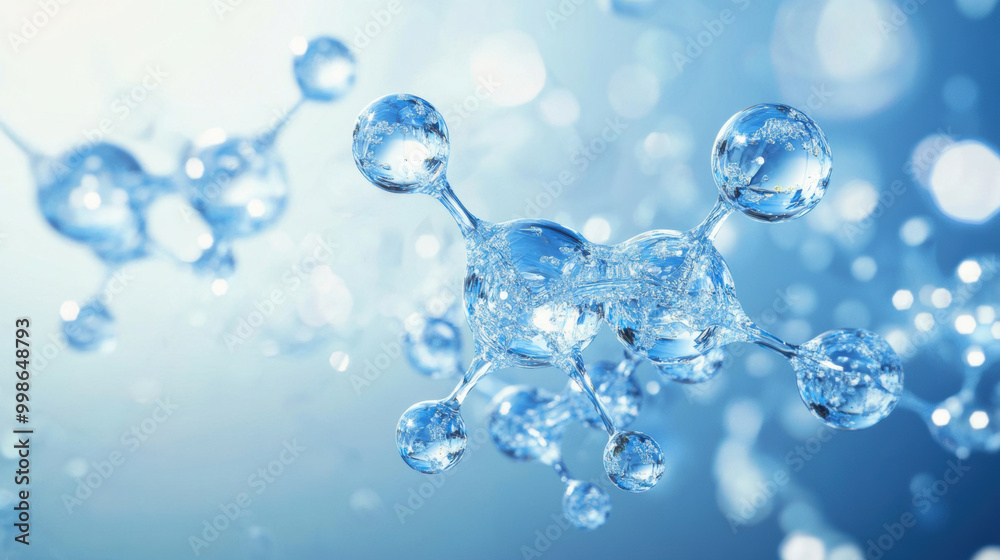 Molecules of water are depicted in dynamic and energetic manner, showcasing their vibrant structure and movement in blue background. This image symbolizes essence of life and vitality Molecules of water are depicted in dynamic and energetic manner, showcasing their vibrant structure and movement in blue background. This image symbolizes essence of life and vitality