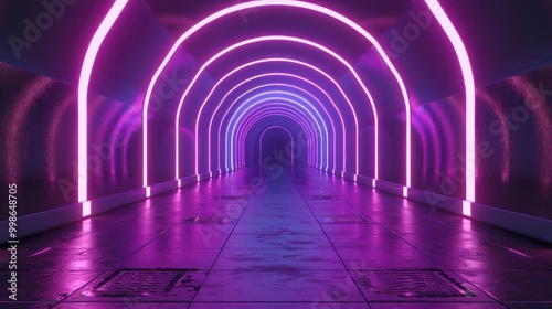 Abstract futuristic tunnel with purple neon lines, design space