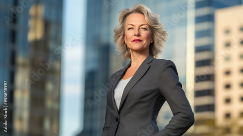 A middle-aged Caucasian woman in a tailored charcoal grey suit stands outdoors, her professional demeanor matched by the blurred cityscape of high-rise business buildings behind he