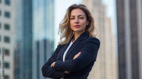 Free Download The portrait of a seasoned businesswoman, sharply dressed in a navy suit, standing outdoors with her arms crossed, the blurred backdrop of towering skyscrapers symbolizing her prof - GFXLoad