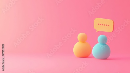 Two 3D figures facing each other with a speech bubble above their heads. The figures are rendered in pastel blue and orange, and the speech bubble is yellow. They are positioned on a pink background.