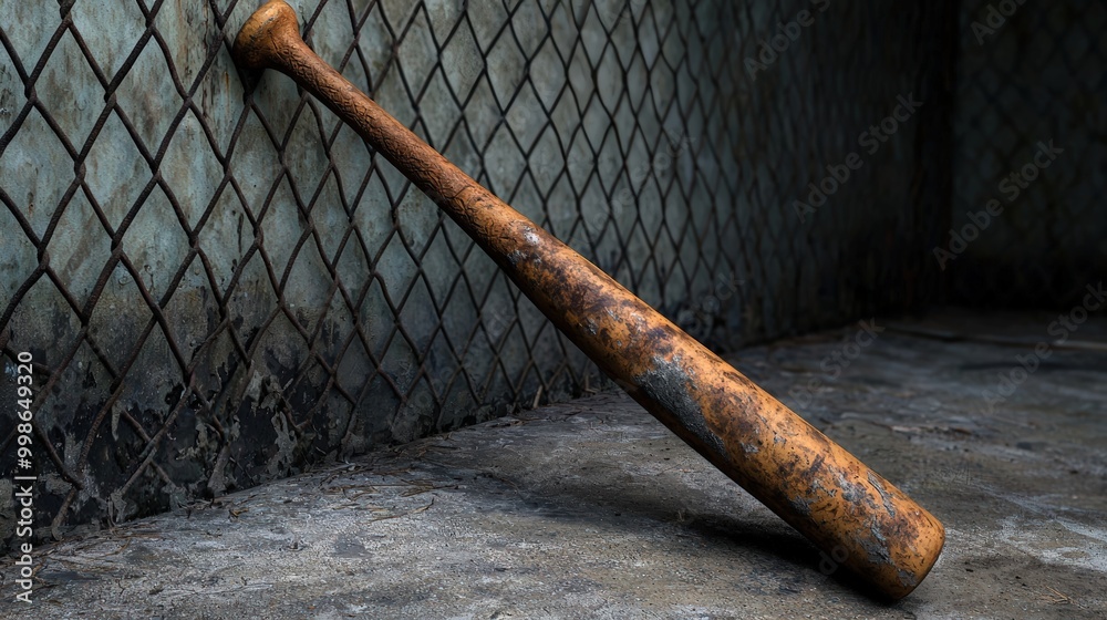 Rusty baseball bat leaning against a chain-link fence, worn and ...