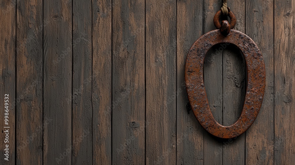 Rusty metal ring on a dark wooden surface, rustic industrial aesthetics. Rusty metal ring on a dark wooden surface, rustic industrial aesthetics.