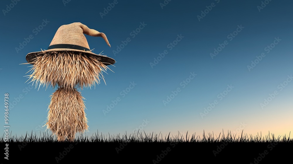 Scarecrow silhouette against a clear blue sky at sunset, white isolate background. Scarecrow silhouette against a clear blue sky at sunset, white isolate background.