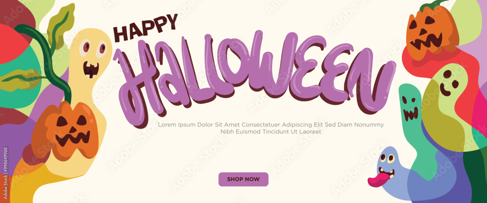 Fototapeta premium Terrifying Monster Faces for Halloween concept. abstract geometric liquid form. monster halloween with hand drawn banner template vector illustration.