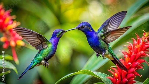 Two vibrant hummingbirds interact in a lush, tropical environment, surrounded by vivid red flowers, showcasing their dazzling plumage and dynamic movement.