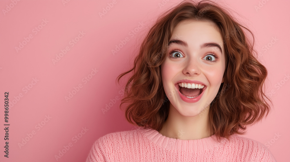 Naklejka premium A young woman with a joyful smile, her eyes lit with excitement, standing against a pastel pink background, radiating happiness and positivity.
