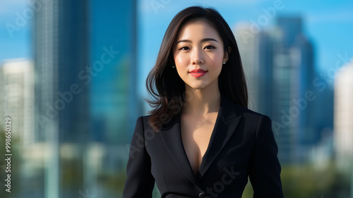 Free Download The portrait of a confident Asian woman, dressed in a sharp black suit, standing outdoors with the blurred skyline of a modern business center in the background, highlighting her b - GFXLoad