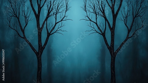 Silhouette of trees in a misty forest with a mystical blue background.