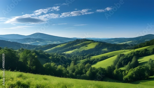 Idyllic rolling hills and lush trees beneath a vibrant blue sky, capturing the essence of nature and travel photography