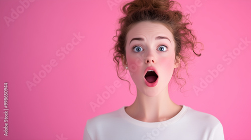 A woman with her eyes wide, mouth open in awe, as if witnessing something incredible, set against a pastel pink backdrop.