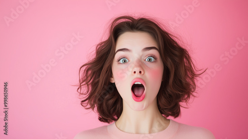 A woman with her eyes wide, mouth open in awe, as if witnessing something incredible, set against a pastel pink backdrop.