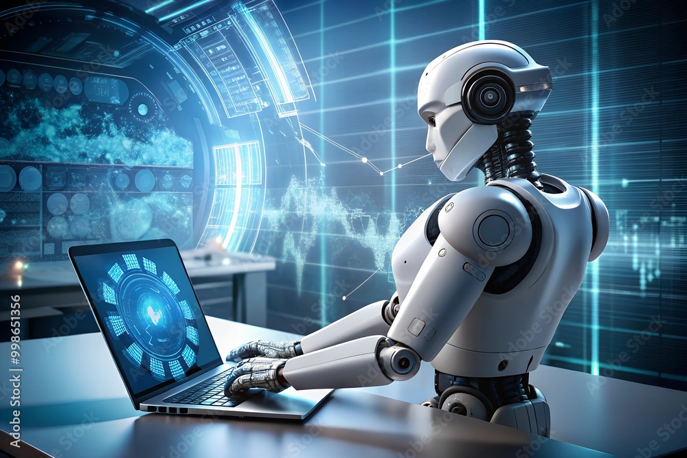 Ai robot using computer with data digital systems. Ai robot using computer with data digital systems.