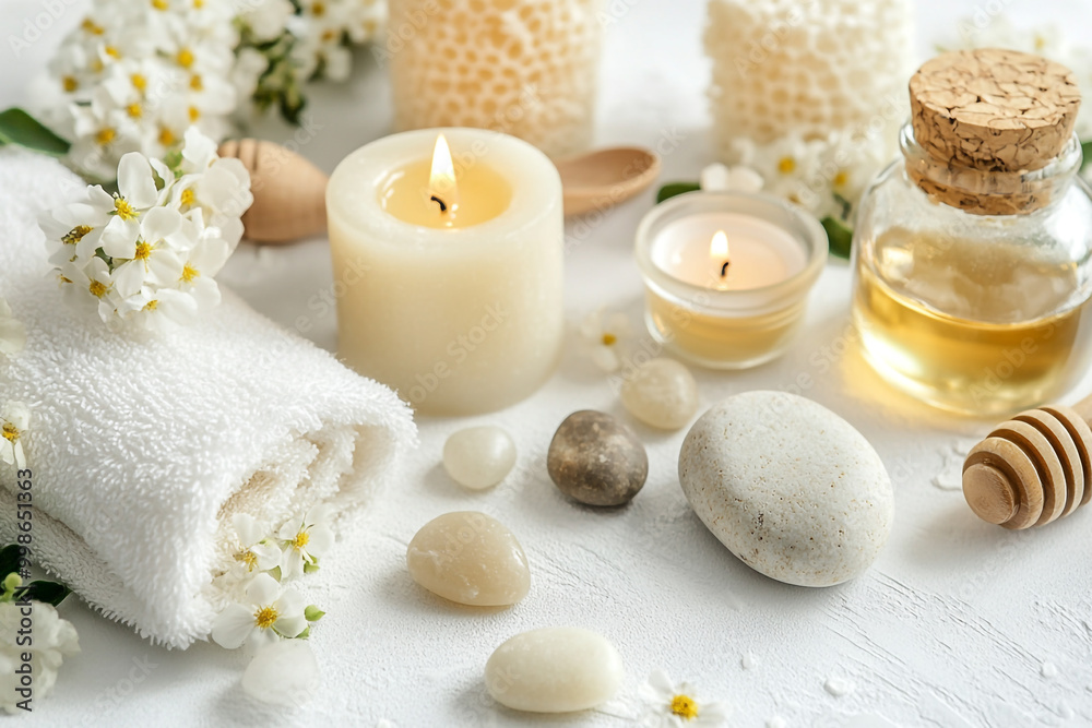 Image of spa items, such as a honey jar and a candle with orange sea salt on a white background.
Image of spa items, such as a honey jar and a candle with orange sea salt on a white background.