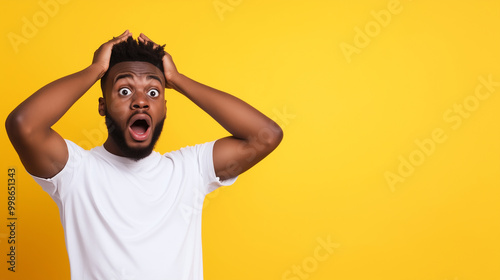 A man with a surprised expression, both hands on his head as if he canât believe what heâs seeing, standing against a light pastel yellow background. photo