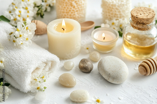 Image of spa items, such as a honey jar and a candle with orange sea salt on a white background.
