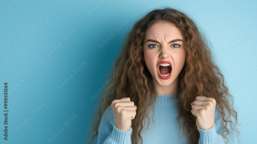 A woman with clenched fists, a fierce and determined expression, standing against a pastel blue background, portraying defiance. A woman with clenched fists, a fierce and determined expression, standing against a pastel blue background, portraying defiance.
