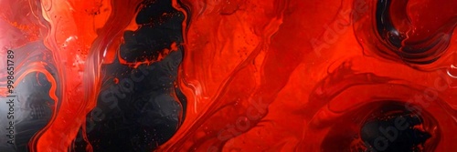 Abstract painting with swirling red and black colors, resembling a liquid or molten material photo