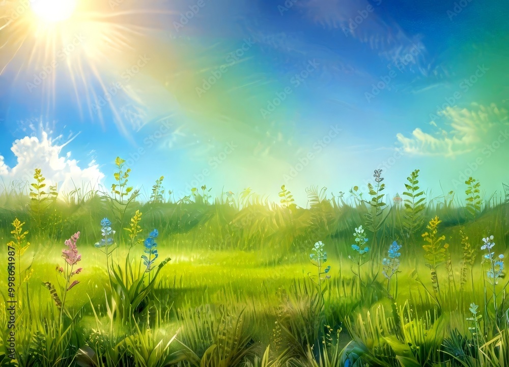 Obraz premium A digital painting serene landscape featuring a lush green field with a variety of colorful wildflowers, set against a clear blue sky with sunbeams and fluffy white clouds