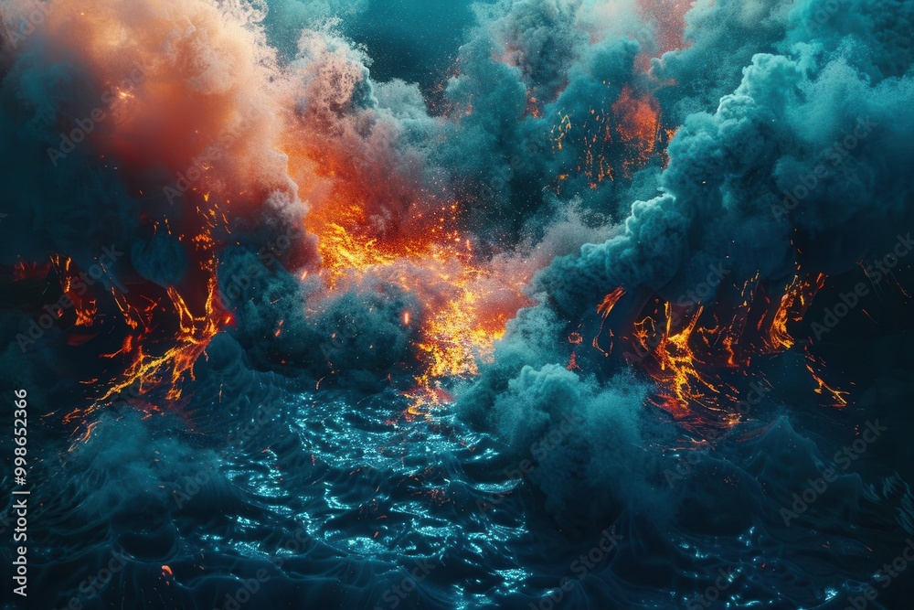 An underwater volcanic eruption, lava meeting water, steam rising, 3D rendering, deep blues and fiery reds, chaotic underwater scene An underwater volcanic eruption, lava meeting water, steam rising, 3D rendering, deep blues and fiery reds, chaotic underwater scene