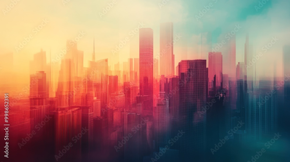 Blurry skyline of buildings in the city during sunset. Blurry skyline of buildings in the city during sunset.