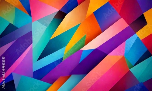 a vibrant abstract composition of intersecting lines and triangles in a variety of bright colors, including shades of blue, orange, pink, and purple