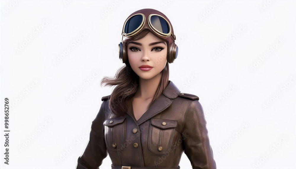 3D Portrait of a female pilot wearing goggles and a leather jacket on a white background 3D Portrait of a female pilot wearing goggles and a leather jacket on a white background