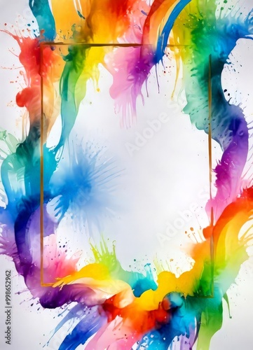 a vibrant abstract painting with a gold frame, showcasing a colorful splash of paint in various hues, including red, orange, yellow, green, blue, and purple photo