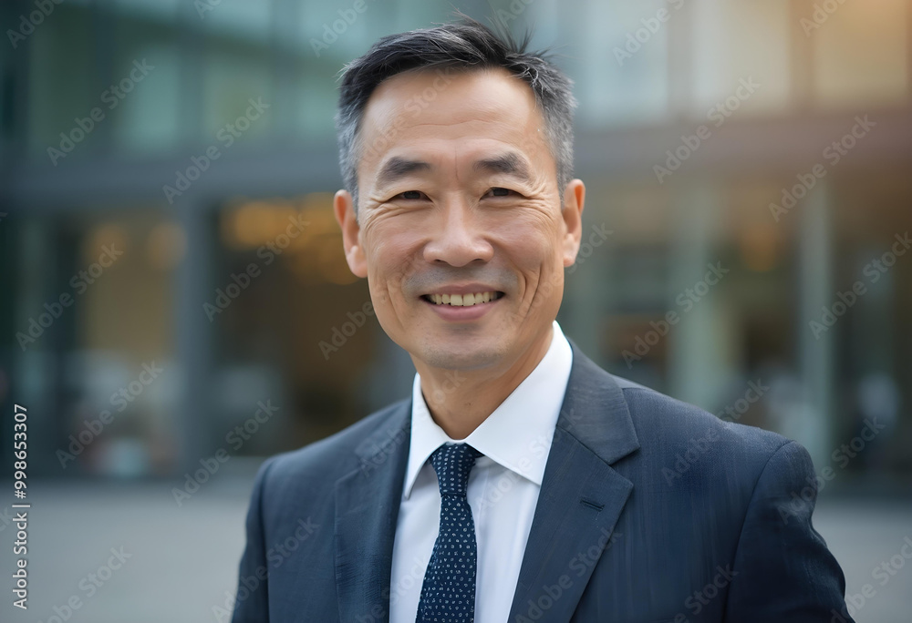 confident middle aged man in suit smiles warmly, showcasing professionalism and approachability in urban setting. His demeanor reflects success and positivity confident middle aged man in suit smiles warmly, showcasing professionalism and approachability in urban setting. His demeanor reflects success and positivity