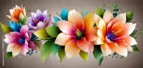 A vibrant bouquet of three large, colorful flowers with orange, pink, and purple petals, surrounded by green leaves, is displayed against a gray background photo