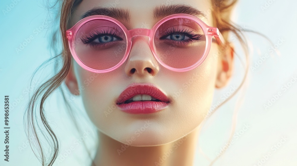Close up portrait of a woman wearing pink sunglasses with blue eyes, a soft focus on the background. Close up portrait of a woman wearing pink sunglasses with blue eyes, a soft focus on the background.
