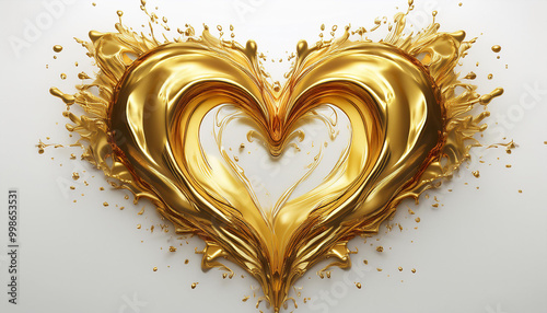 Liquid gold heart splash, love concept. Golden liquid heart shape. Heart shape