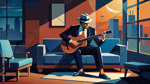 Gangster Playing Guitar on a Sofa. Perfect for: Halloween, Film Festivals, Urban Art Exhibitions