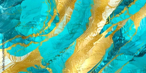 a vibrant abstract composition with a striking contrast of turquoise and gold hues The central focus is a swirling pattern of turquoise and gold colors, with gold lines photo