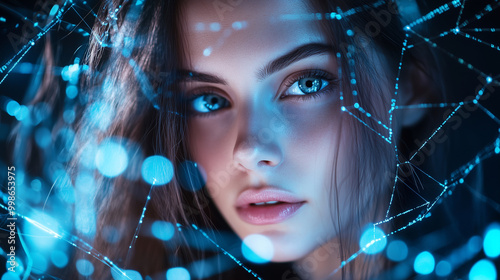 A beautiful woman with intense, confident eyes looks ahead as sheâs surrounded by a glowing web of data streams and network connections, representing technological progress, with s photo