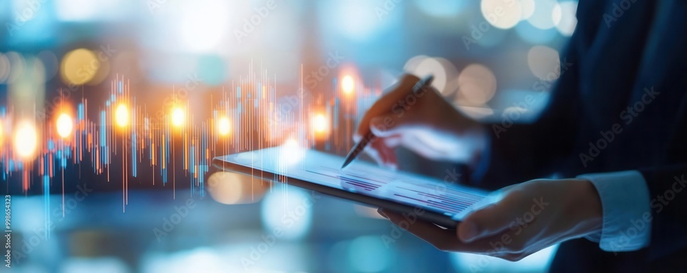 Fototapeta premium Mutual fund manager assessing risk on a tablet in a corporate setting, emphasizing risk management, [mutual , risk], [concept: risk assessment in mutual funds]