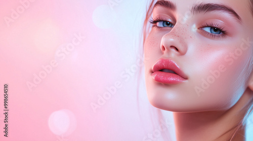 A young woman with flawless, glowing skin, her face softly lit against a dreamy bokeh background in shades of pink and blue, creating an ethereal feel perfect for skincare products