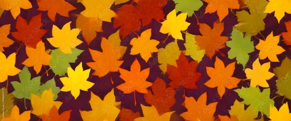 A digital illustration pattern of autumn leaves in various shades of orange, yellow, and green, arranged in a random and overlapping manner against a dark background A digital illustration pattern of autumn leaves in various shades of orange, yellow, and green, arranged in a random and overlapping manner against a dark background
