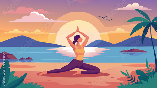 Hand-Drawn Woman Practicing Yoga on Beach at Sunset. Perfect for: Yoga Day, Summer Day, Sunset