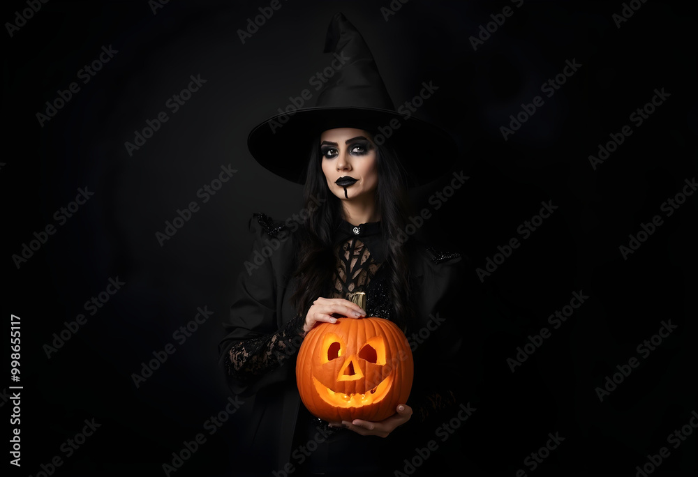 Fototapeta premium mysterious woman dressed as witch holds carved pumpkin, embodying spirit of Halloween. Her dark attire and makeup enhance eerie atmosphere