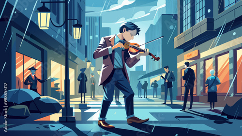 Hand-Drawn Man Playing Violin on Rainy Street. Perfect for: Street Performances, Musical Events, Rainy Day Settings