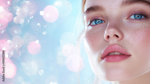 A young woman with a natural, glowing complexion, her face surrounded by a soft-focus bokeh background in shades of blue and pink, creating a fresh and serene look for beauty produ