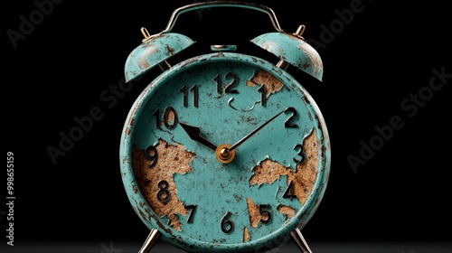 Vintage alarm clock with a distressed turquoise finish, showcasing time's passage. photo