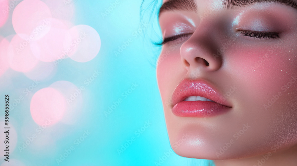 A woman with luminous, flawless skin, her face softly lit against a dreamy bokeh background in shades of blue and pink, creating a serene and inviting space for beauty or medical p A woman with luminous, flawless skin, her face softly lit against a dreamy bokeh background in shades of blue and pink, creating a serene and inviting space for beauty or medical p