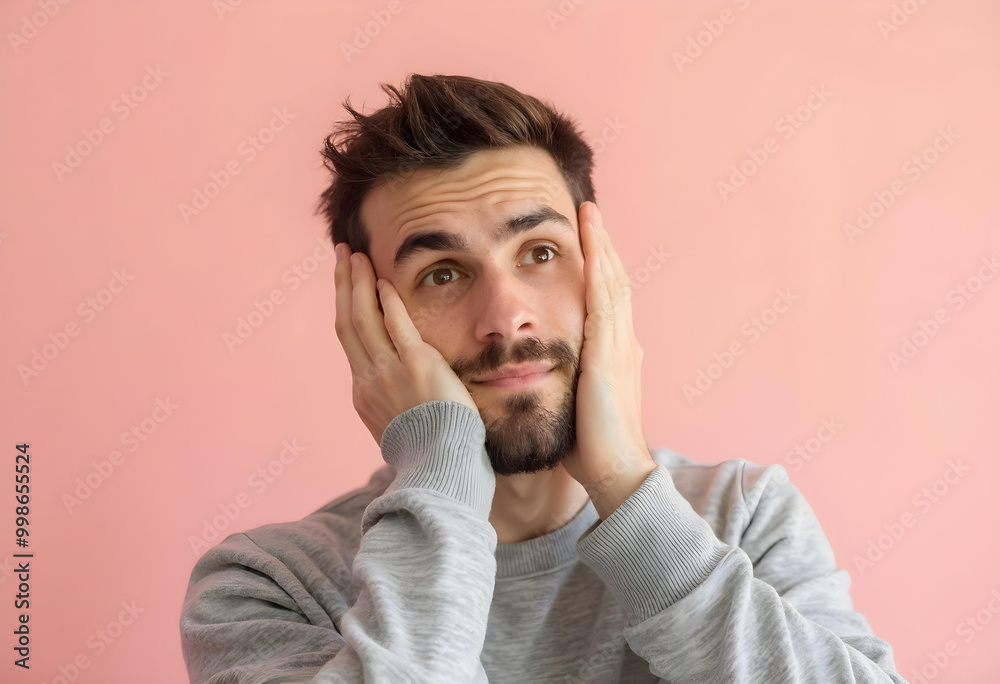 tired young Caucasian man with beard is holding his face in thoughtful pose against pink background, expressing sense of contemplation and weariness tired young Caucasian man with beard is holding his face in thoughtful pose against pink background, expressing sense of contemplation and weariness