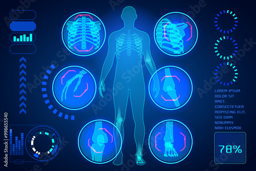 High-tech medical interface displaying a full-body scan of a human with various health metrics, suitable for healthcare and technology concepts.